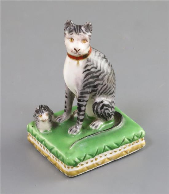 A Derby porcelain group of a seated tabby cat and kitten, c.1810-25, H. 7cm